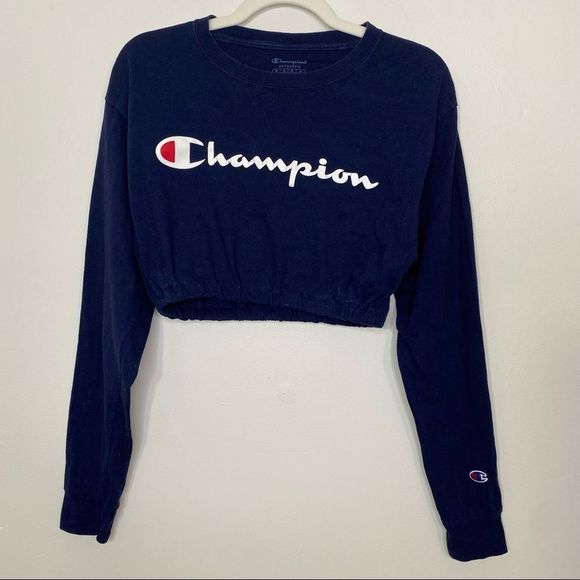 Champion Tops - CHAMPION Logo Navy Cropped Long-sleeved T-Shirt with Elastic Hem - Size Medium